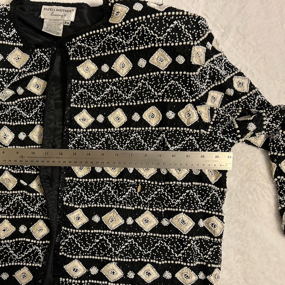 Beaded Blazer Crew Neck w Shoulder Pads Formal Black White Womens Size 2X Papel - Picture 8 of 11